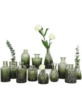 12pcs Green Glass Bud Vases Set, Small Vases for Flowers, Bud Vase for Flowers